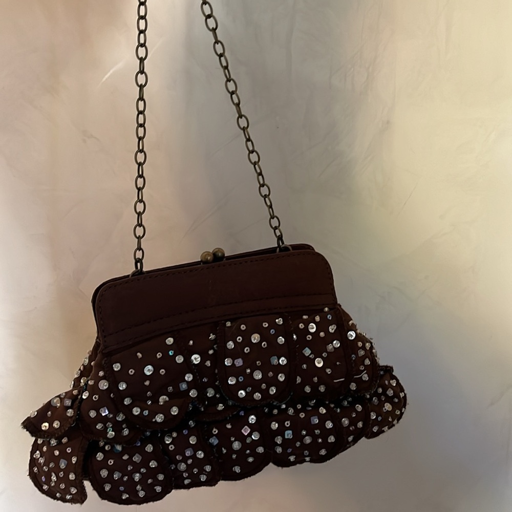 Vintage Gap Brown & Teal wristlet w/sequins & beads gold/brass frame clasp - Picture 10 of 17